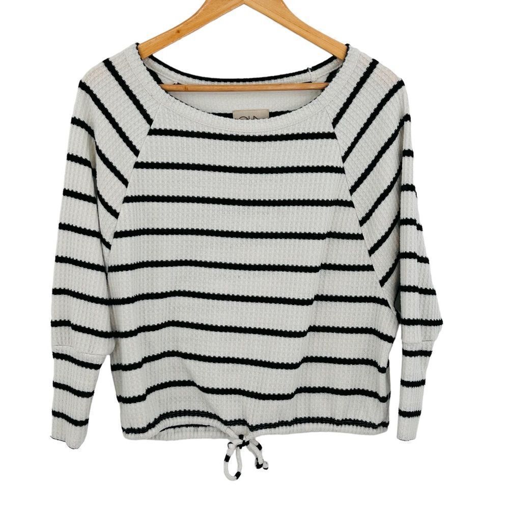 Chaser off white and black stripe waffle slouchy top with drawstring size small - Picture 3 of 6